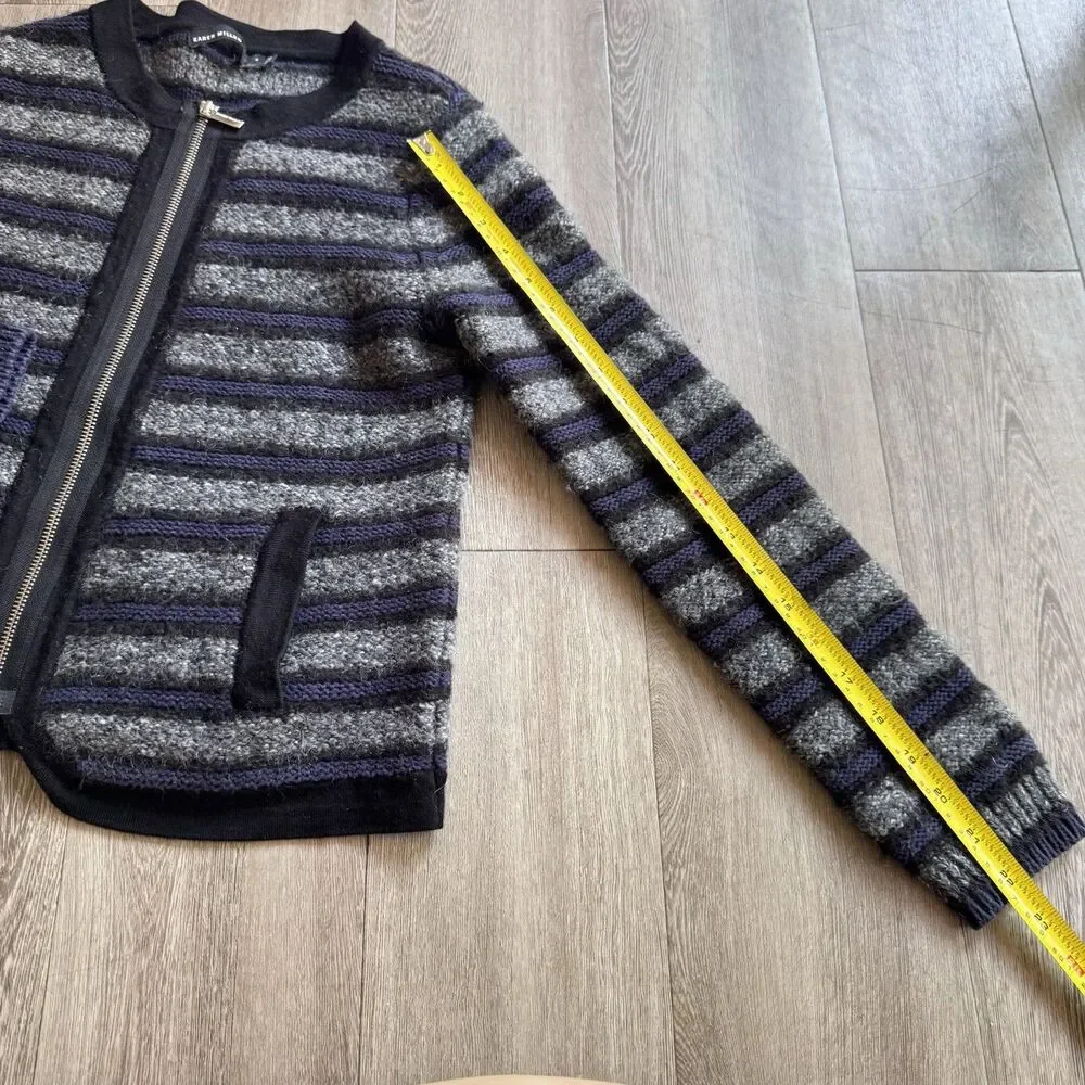 Karen Millen Cardigan Sz 4 Gray Black Blue Striped Cotton Mohair Blend Zip Pocke